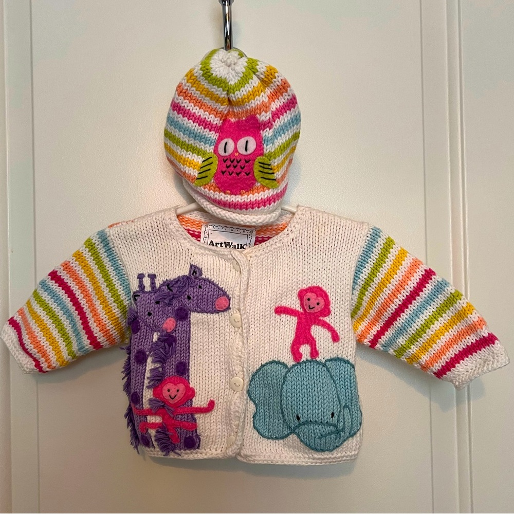 Animal Striped Cardigan 6 Months with Matching Hat